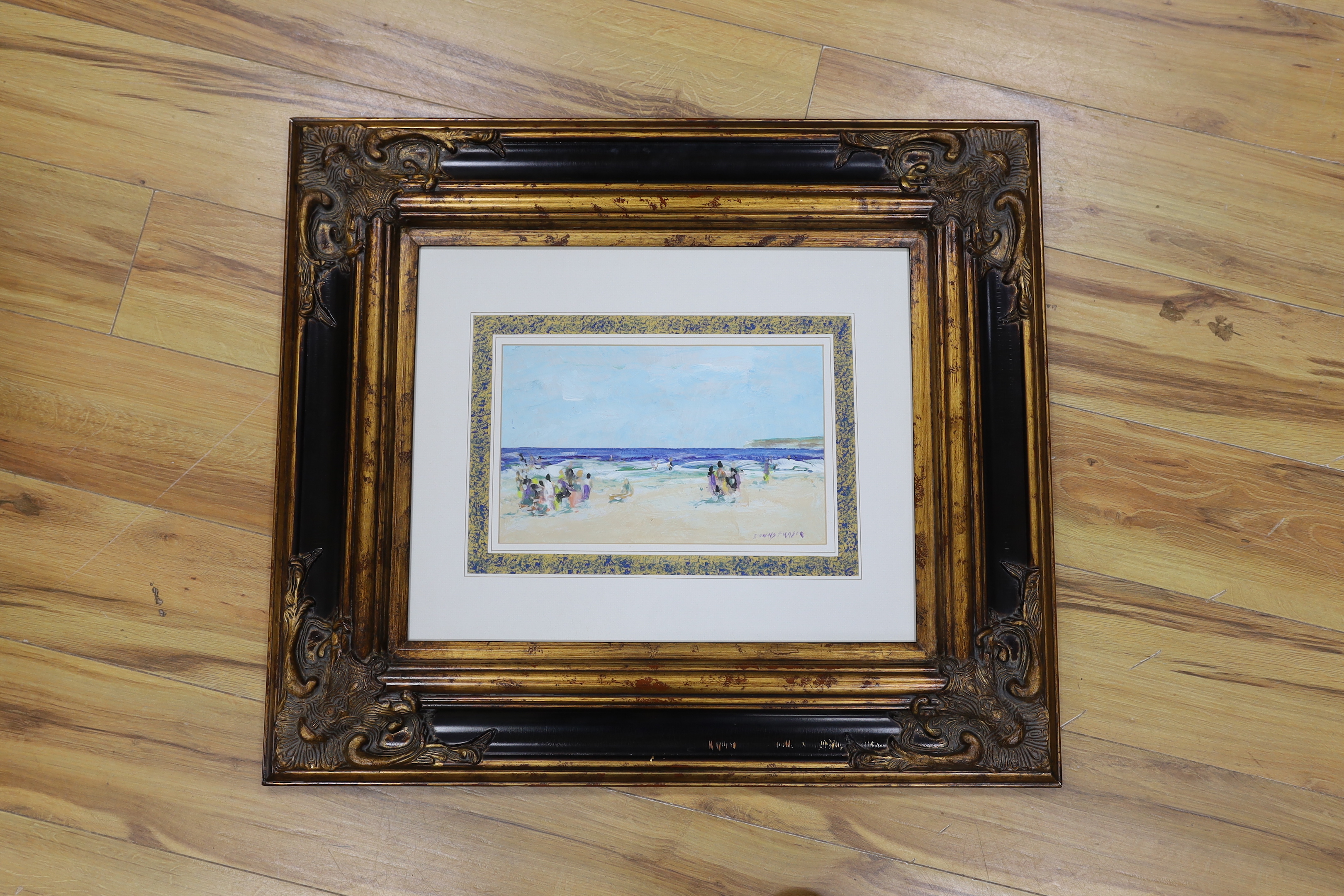 Donald Fraser (Australian, b.1936) oil on board, Figures on a beach, signed, housed in ornate gilt frame, 20 x 31cm